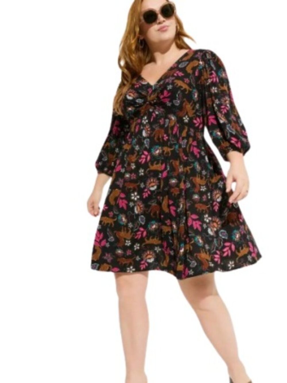 Torrid Womens Twist Front Mini Dress in Leopard Leaves Black Combo Pockets L